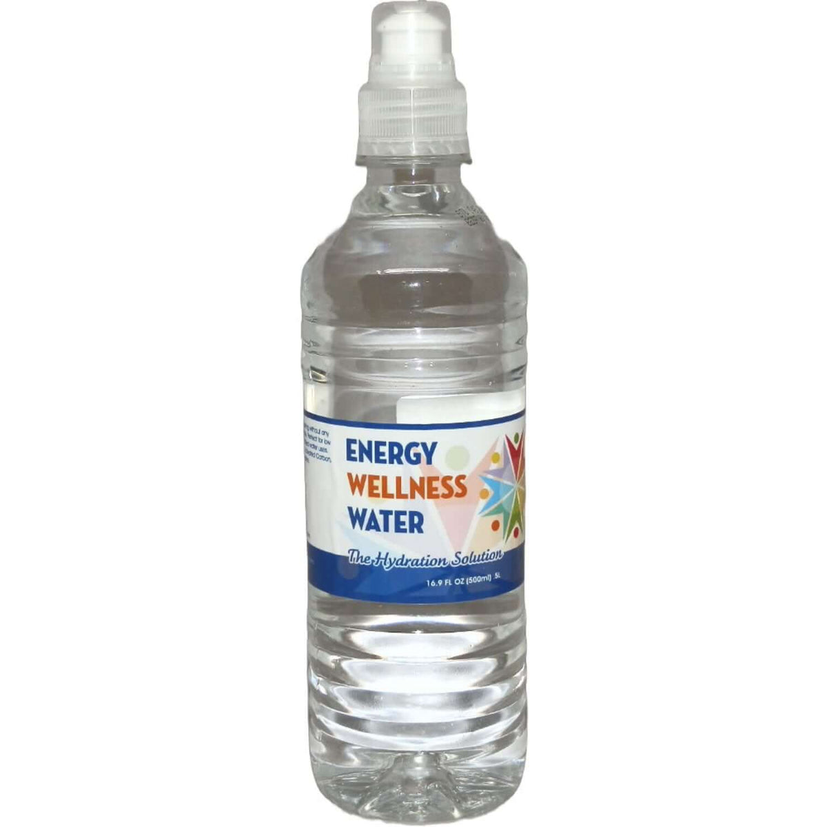 Energized Hydration Water in a clear bottle labeled Energy Wellness Water for revitalizing hydration.