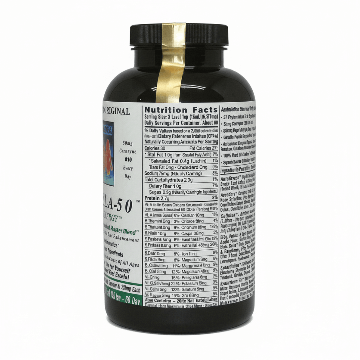 Excela-50 Beginner Superfood Powder bottle showcasing nutrition facts and ingredients.