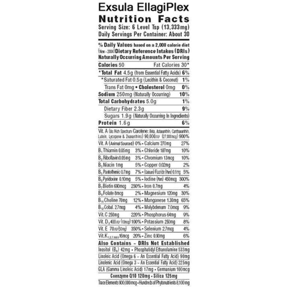 Exsula EllagiPlex Nutrition Facts panel highlighting key nutrients in Longevity Antioxidant supplement.