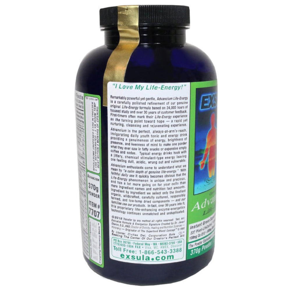 Exsula Advancium Longevity Nutrition supplement bottle showcasing nutritional information and product benefits.