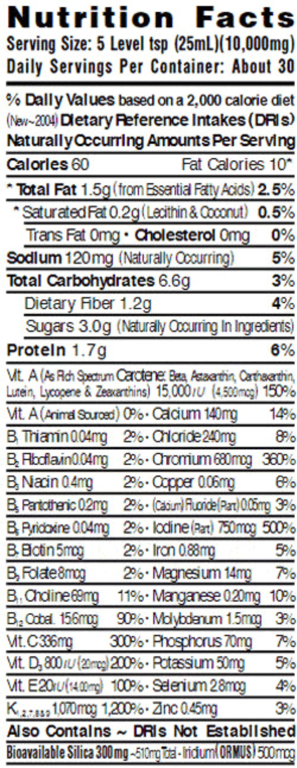 Nutrition facts panel for Ecklonia Cava Superfood Blend, including calories, fats, proteins, and vitamins.