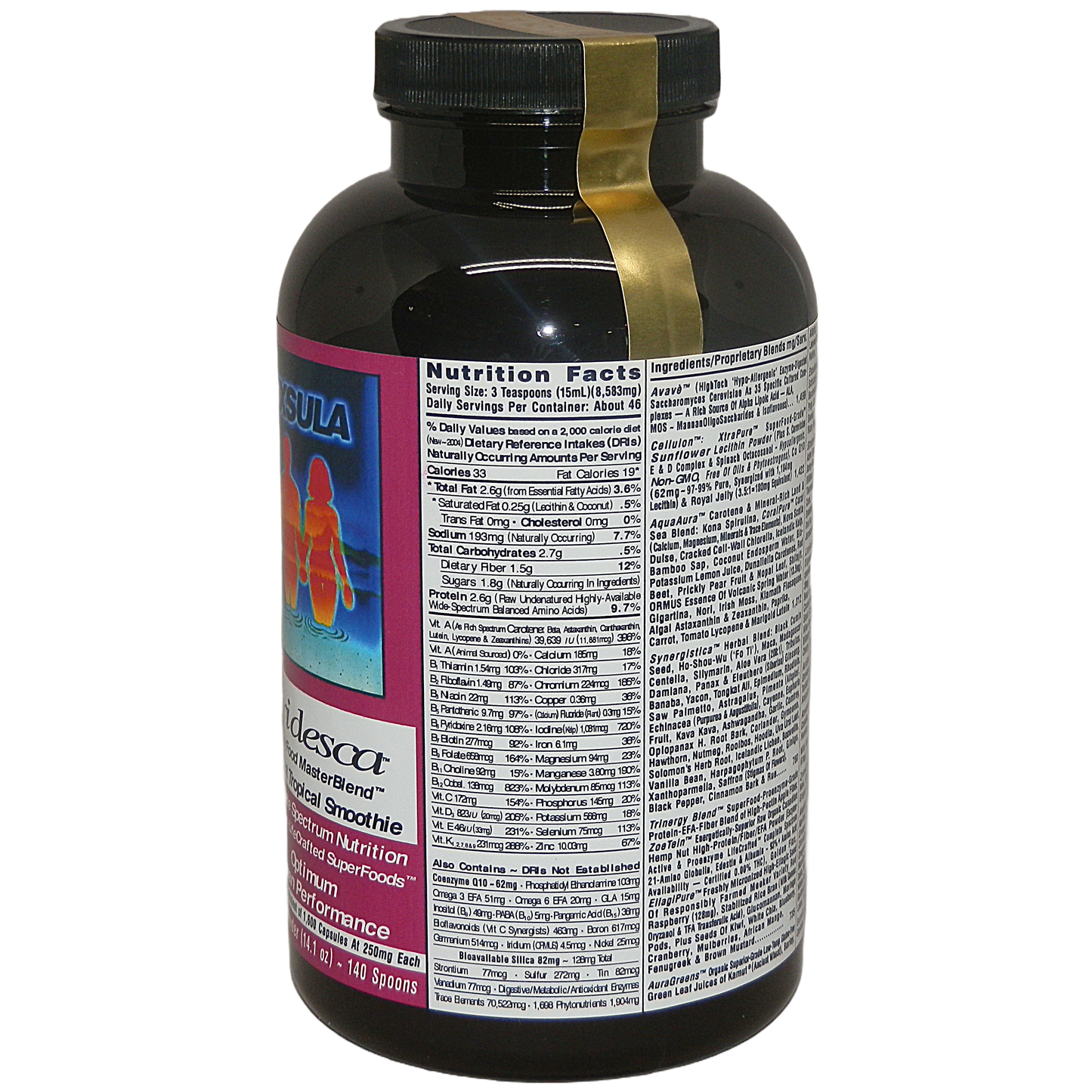Iridesca Professional Grade Complete Superfood supplement bottle with nutrition facts and serving details.