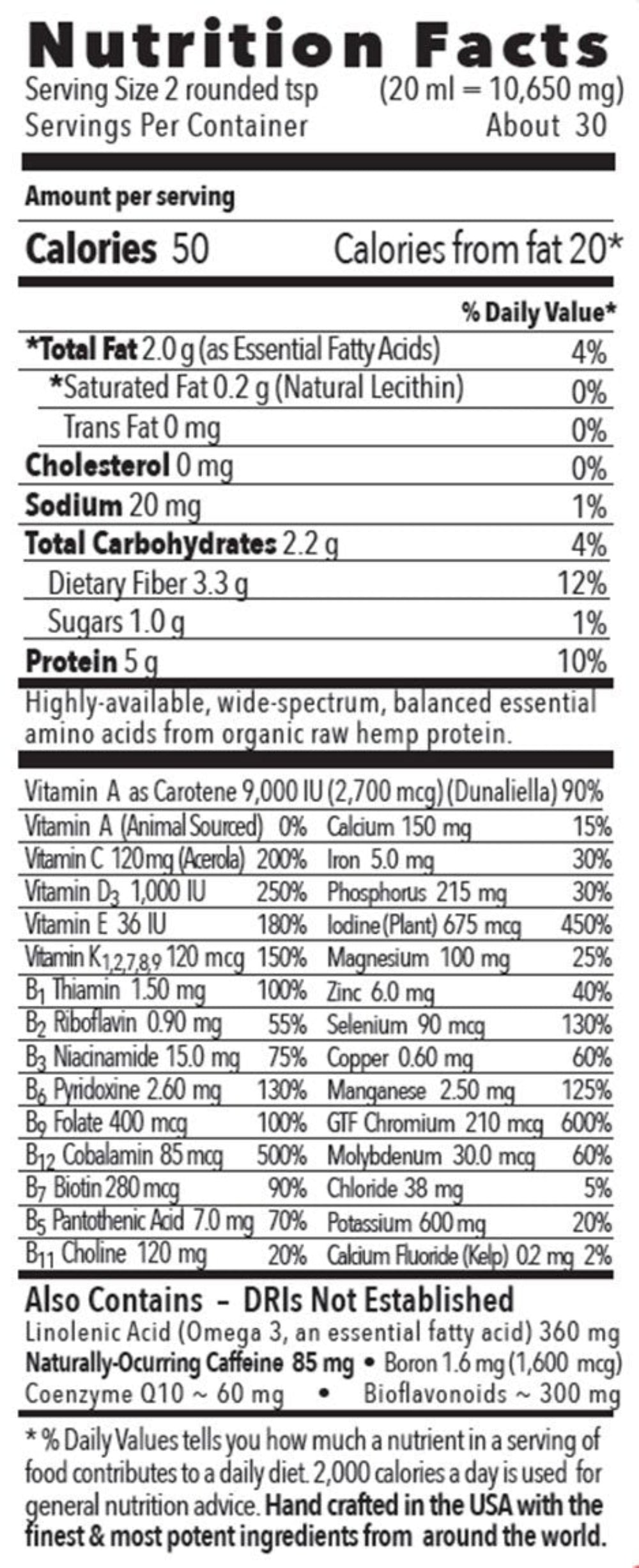 Nutrition facts for Organic Plant Protein Powder showing calories, protein, fat, and nutrient content.