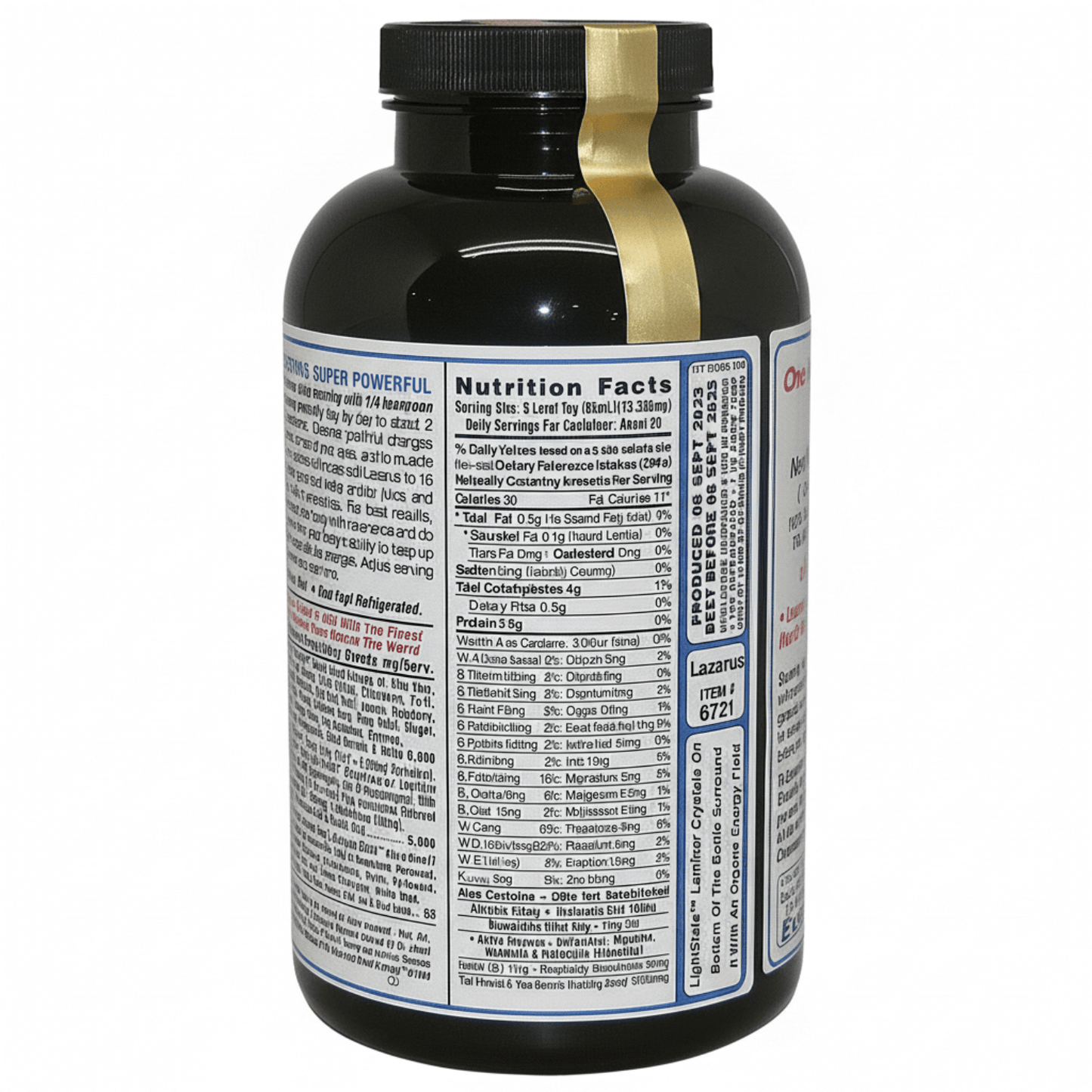 Lazarus Cellular Rejuvenation Superfood supplement bottle showcasing nutrition facts and ingredient list.