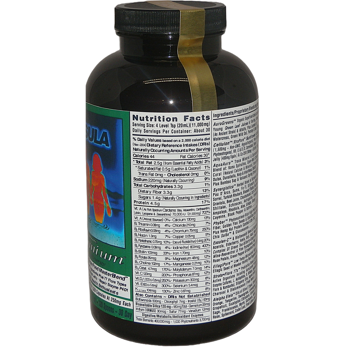 Bottle of Exsula Superfoods Premium Raw Botanical Brain Tissue Nutrients with nutrition facts and ingredient details.