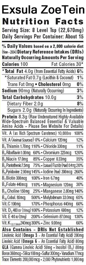 Exsula ZoeTein Nutrition Facts for Natural Satiety Signaling Supplement with detailed nutrient information.