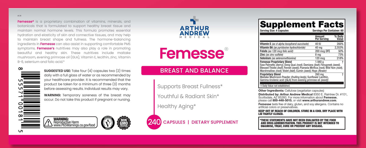 Femesse Hormone Balance Supplement label showing benefits, ingredients, and supplement facts for women's health.