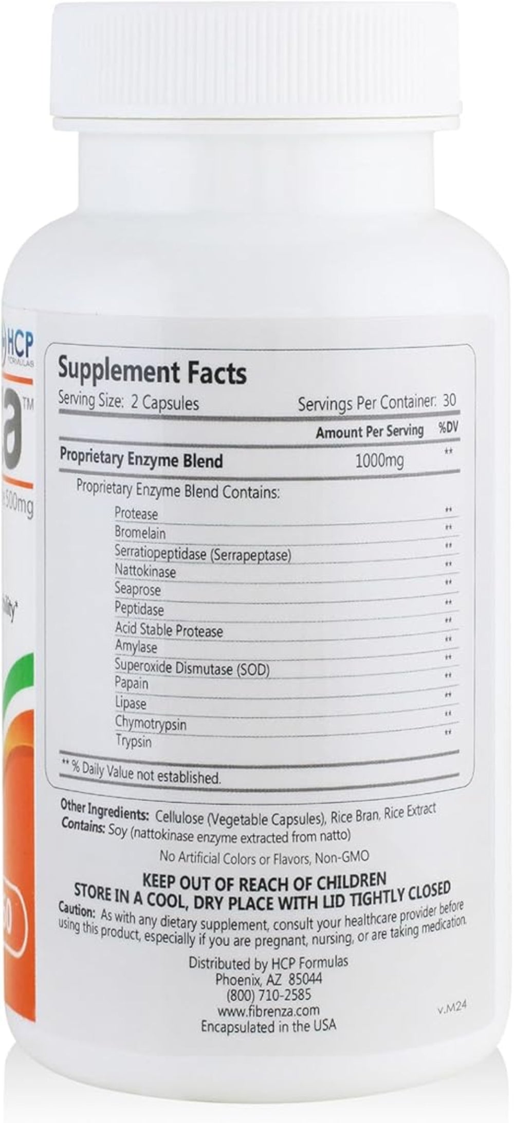 Fibrenza dietary supplement bottle with anti-inflammatory enzymes and supplement facts on the label.