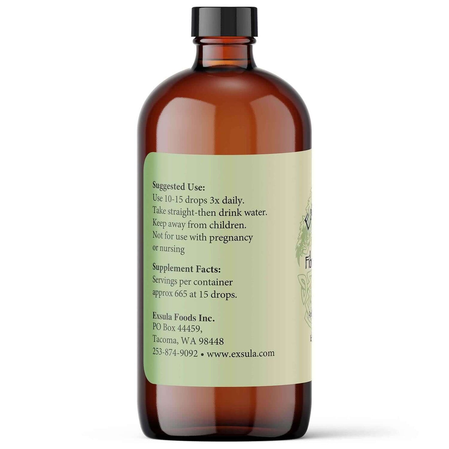 Fibro-Ease Liquid Herbs for Fascia Relaxation supplement bottle with suggested use and supplement facts.
