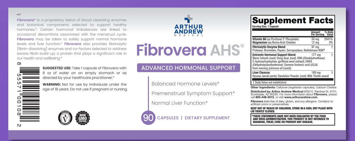 Fibrovera - Fibrinolytic Enzymes label showcasing advanced hormonal support and supplement facts.