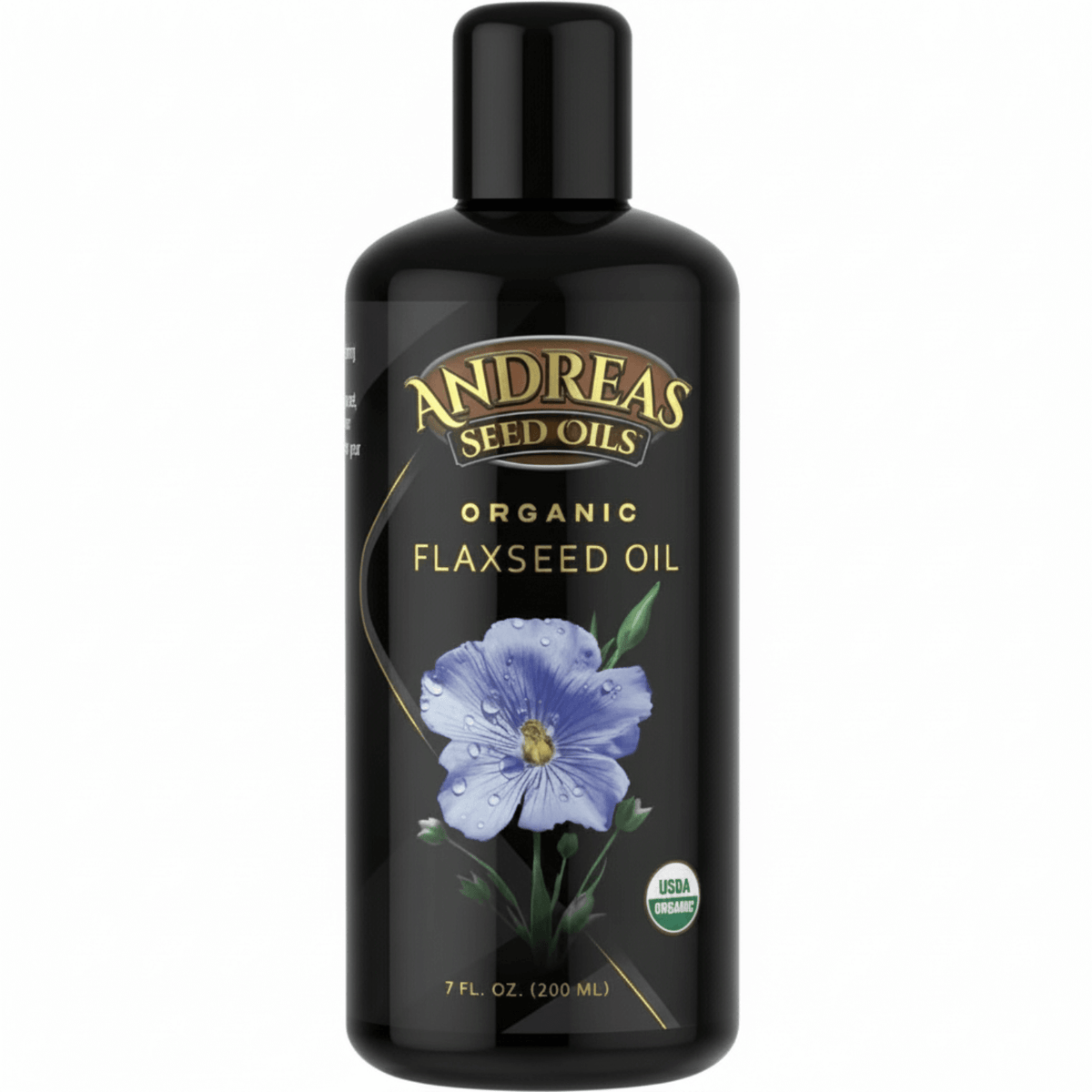 Cold Pressed Flax Oil by Andreas Seed Oils in a 7 fl. oz black bottle with a blue flower design.