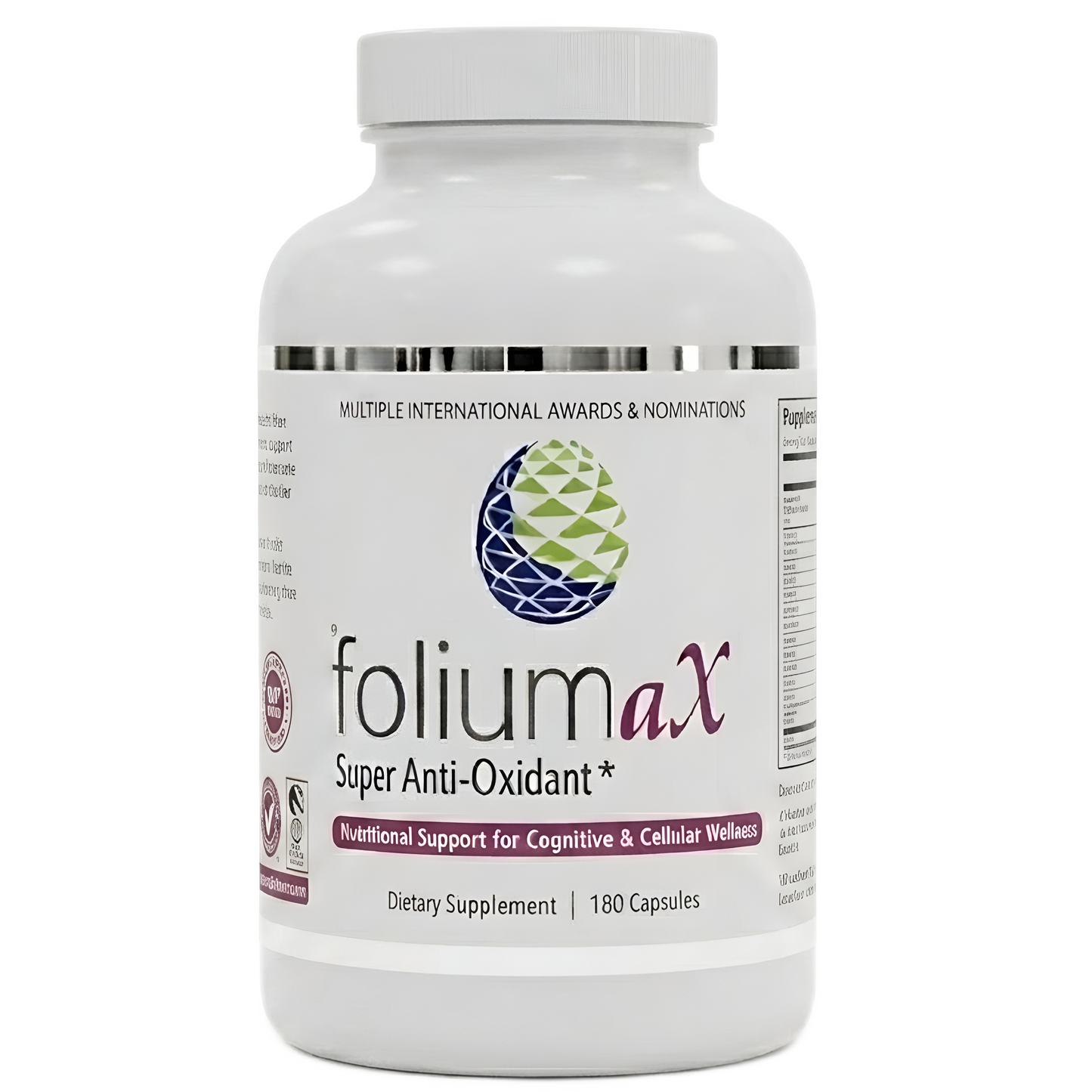 A white bottle of folium aX dietary supplement with a white cap, featuring a label with green and purple accents, on a plain white background.