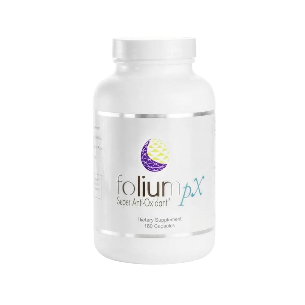 A white plastic bottle of folium px Super Anti-Oxidant dietary supplement with a white cap, set against a solid light beige background.