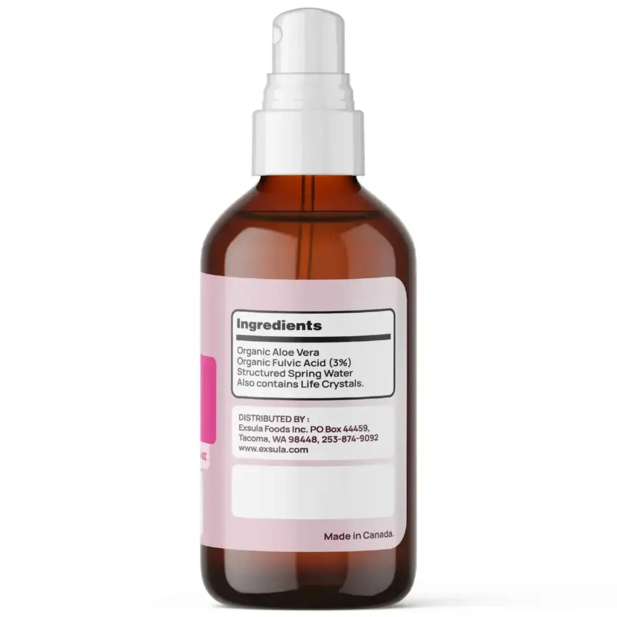 Ingredients list for Exsula Fulvic Face Hydrating Mineral Serum in a brown glass spray bottle.