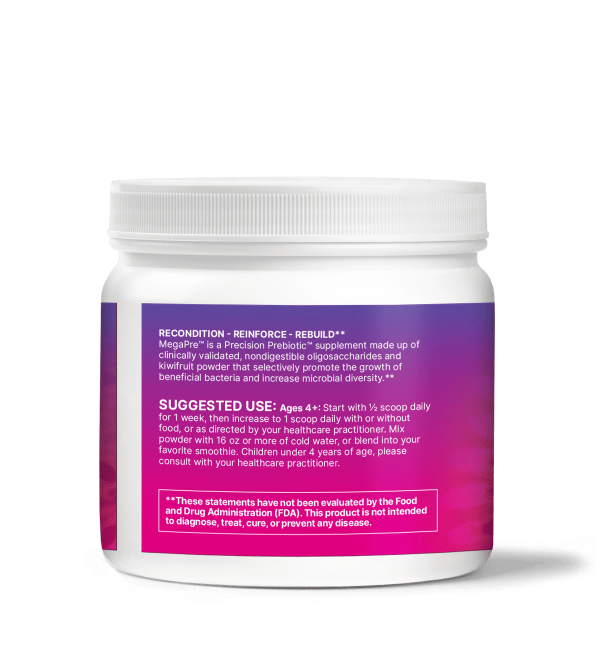 MegaPre container showcasing Precision Prebiotics for Microbiome Diversity and Digestive Health.