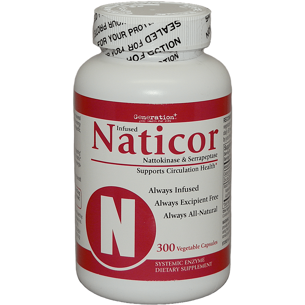 Naticor Proteolytic Enzyme Complex supplement bottle for vascular health with Nattokinase and Serrapeptase.