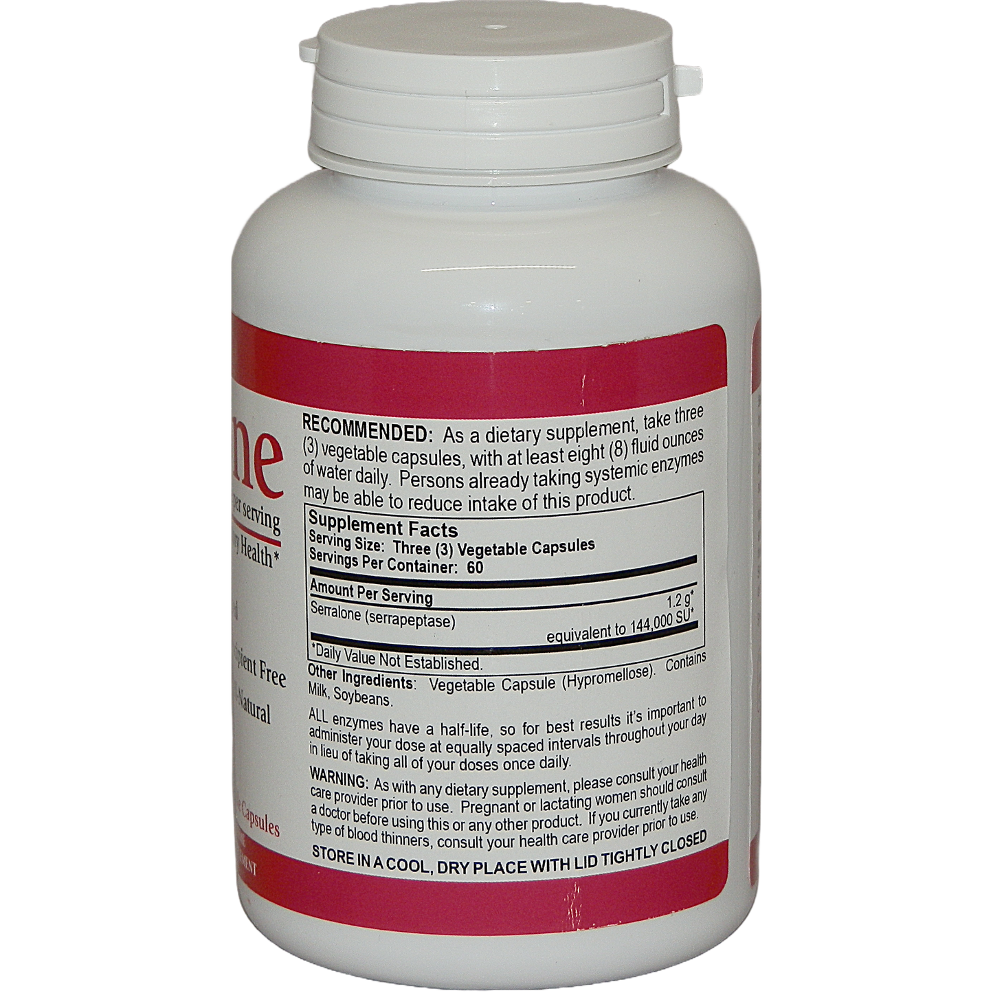 Serralone Serrapeptase Proteolytic Enzyme bottle showing supplement facts and recommended usage instructions.