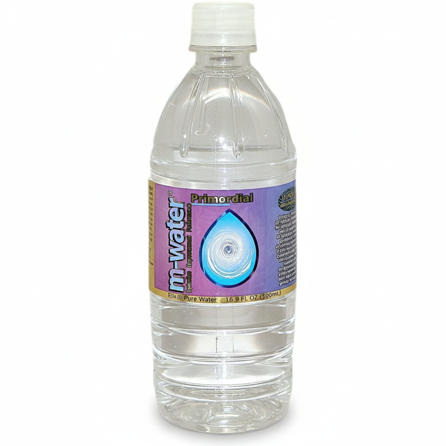 Clear water bottle with a purple label on a white background