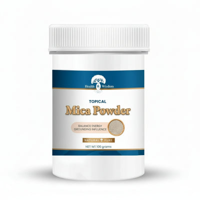 Container of Health & Wisdom Topical Mica Powder 100g on a white background