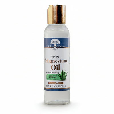 Bottle of Health & Wisdom Topical Magnesium Oil with Aloe Vera 4oz on a white background