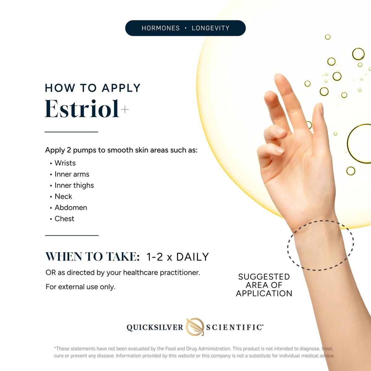 Hand applying Bioidentical Estriol Serum on wrist with instructions on how to use Estriol+.