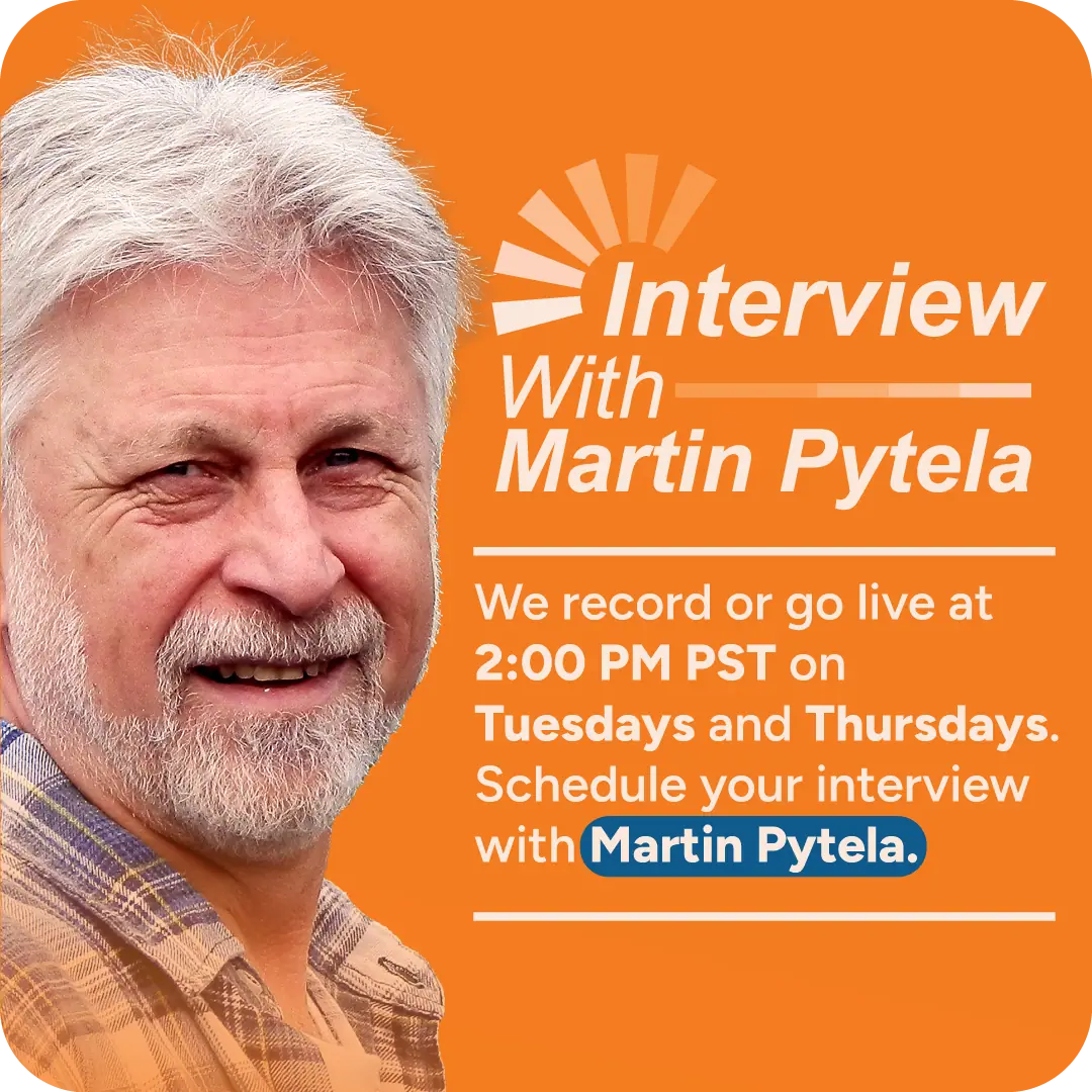 interview with Martin Pytela, featuring a smiling man with white hair and beard on the left, set against a solid orange background with white and blue text on the right.