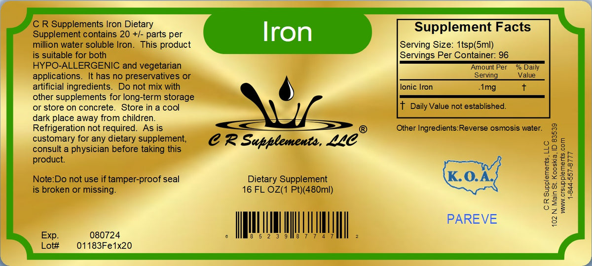 Iron - Ionic Liquid Mineral Supplement label with supplement facts and usage instructions for energy and oxygen transport.
