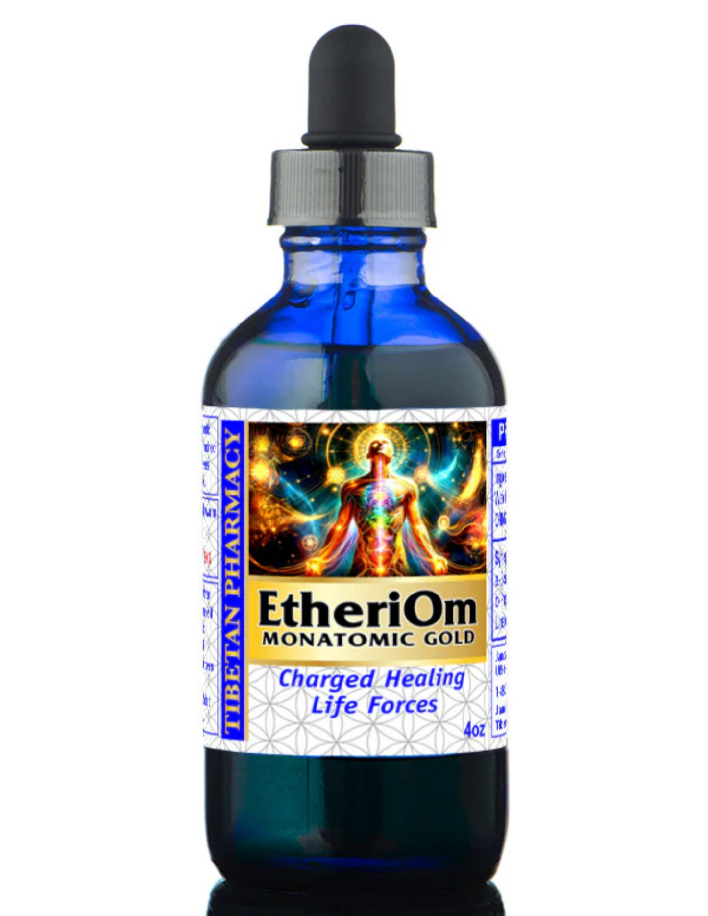 blue glass bottle of EtheriOm Monatomic Gold with a colorful label on a white background