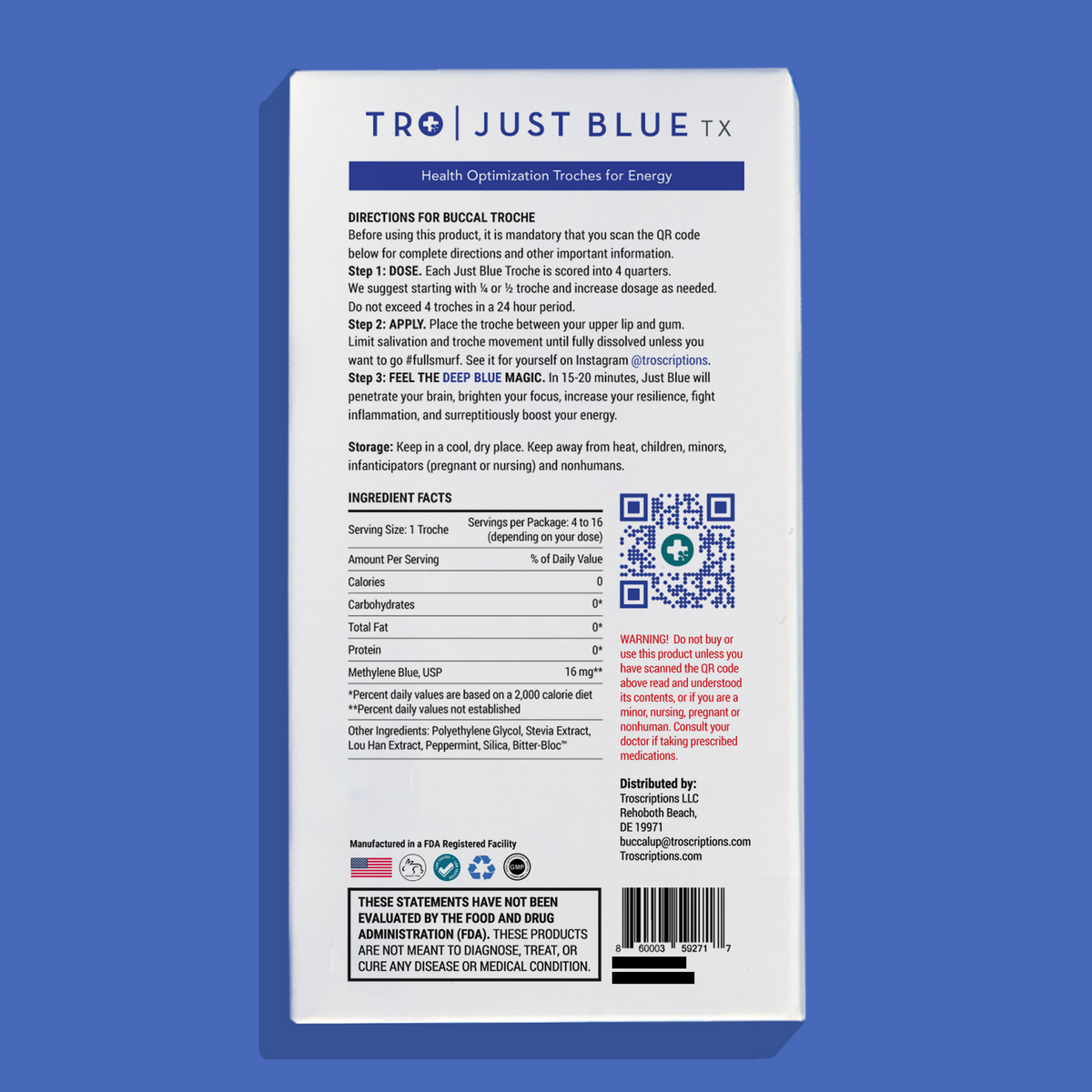 Just Blue Buccal Troches for Mental Focus packaging with dosage instructions and ingredient facts.
