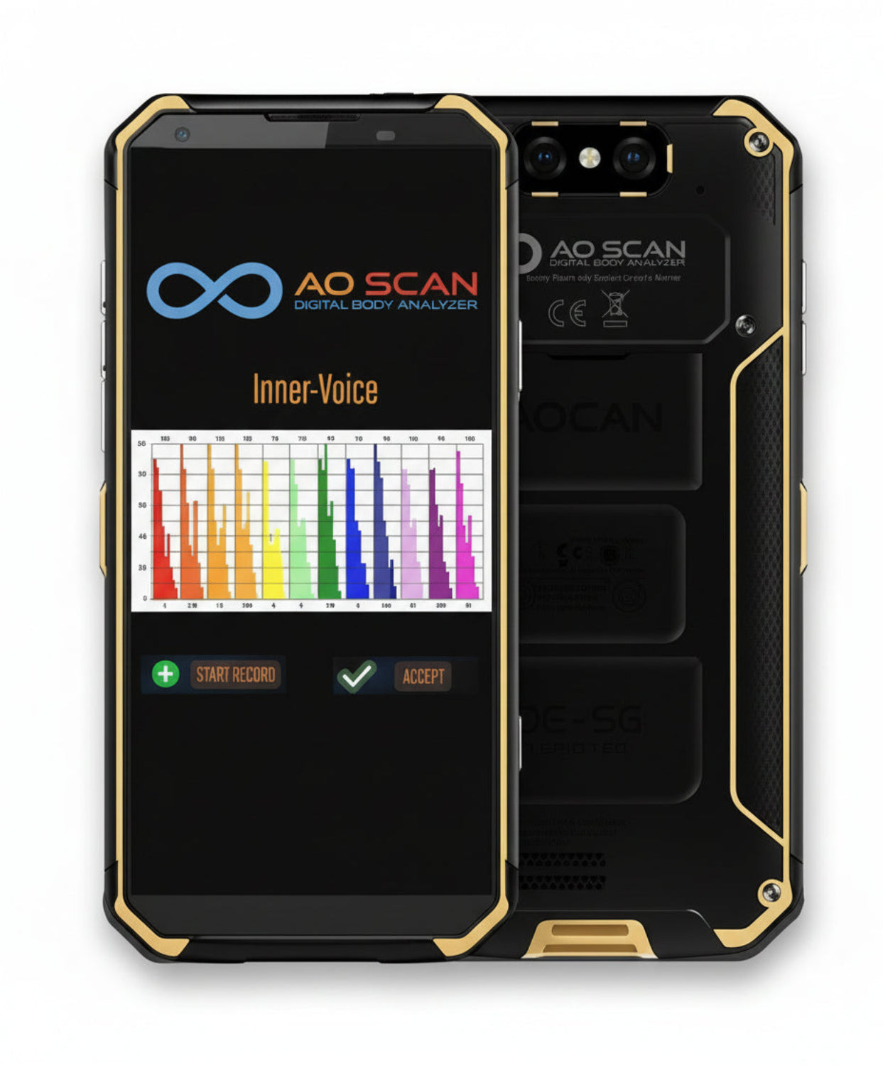 black cell phone displaying blue infinity symbol and text saying AO SCAN Digital Body Analyzer, Inner-Voice with bright colorful graph, plus sign button to start record, check mark to accept