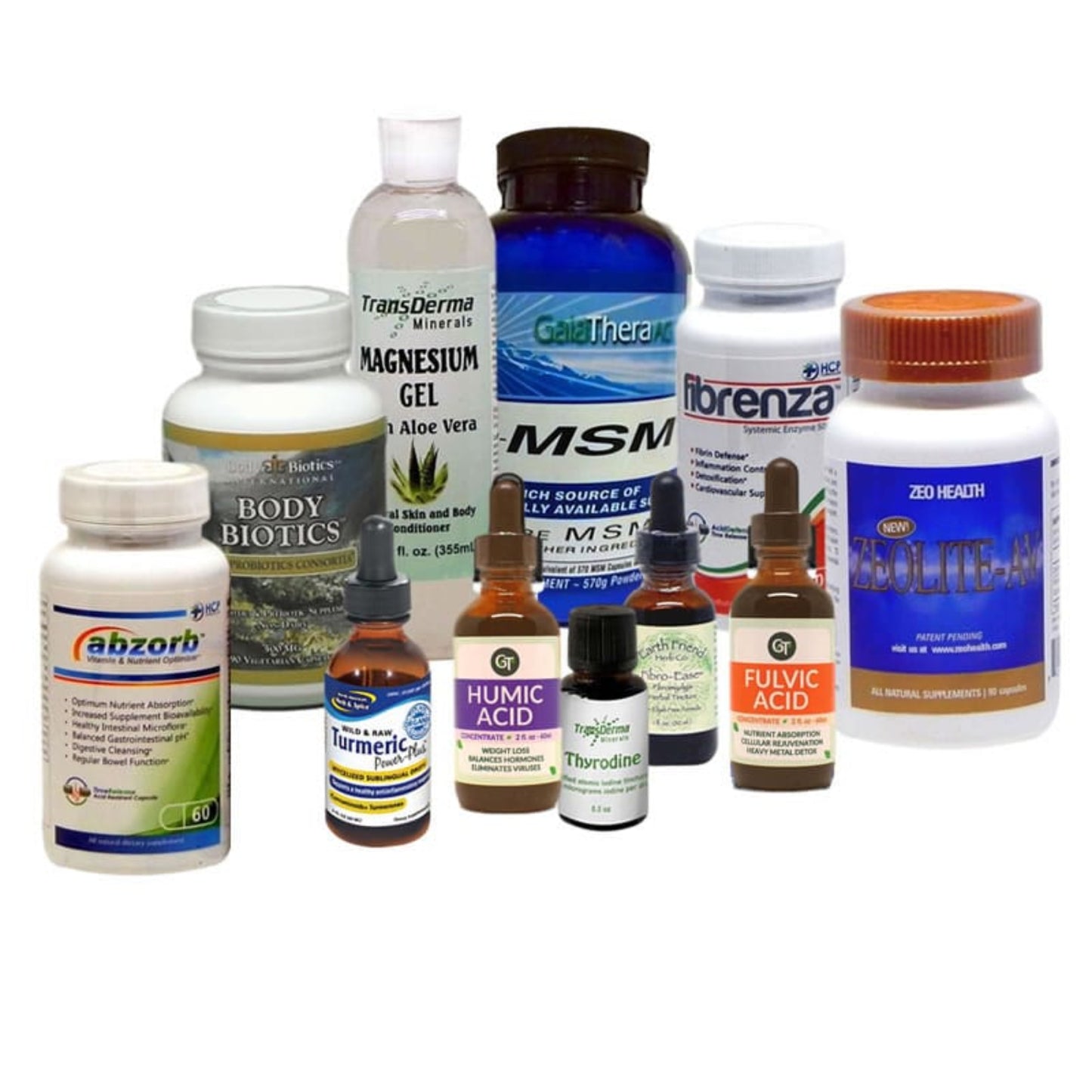 eleven products, HCP Formulas Abzorb, Body Biotics Probiotic Consortia, TransDerma Minerals Magnesium Gel, GaiaThera Opti-MSM, HCP Formulas Fibrenza, ZEO Health Zeolite-AV, North American Herb & Spice Tumeric Power-Plus, GT Humic Acid, TransDerma Minerals Thyrodine, Earth Friend Herbs Fibro-Ease, GT Fulvic Acid