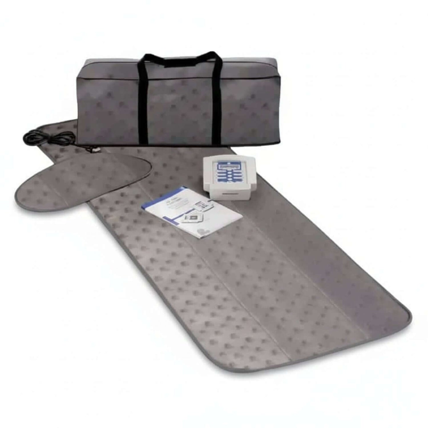 Gray travel mat with carrying bag and small box on a white background