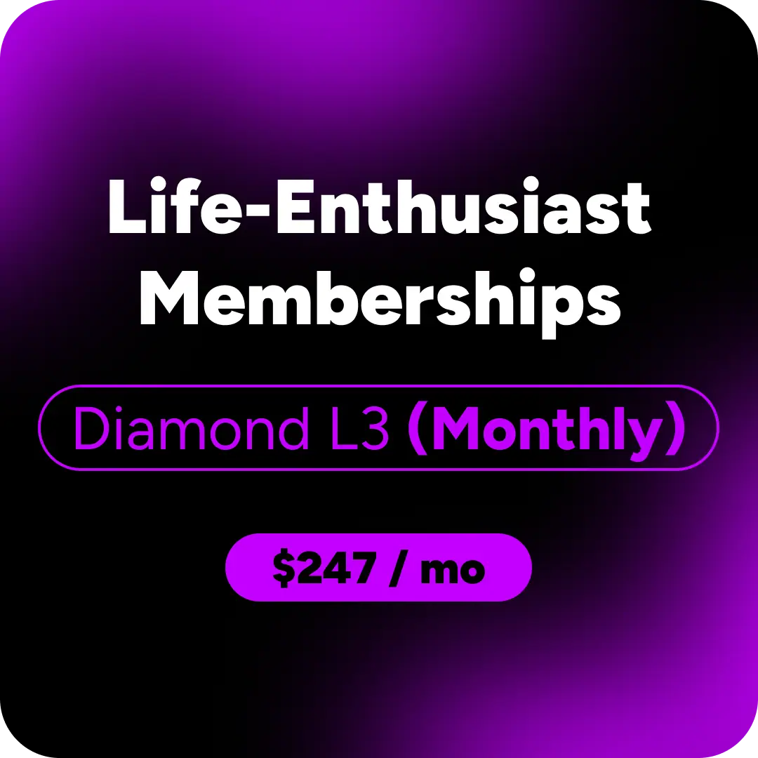 Life-Enthusiast Memberships, featuring the text 'Diamond L3 (Monthly)' and '$247 / mo' in white and purple on a black background with a purple gradient glow.