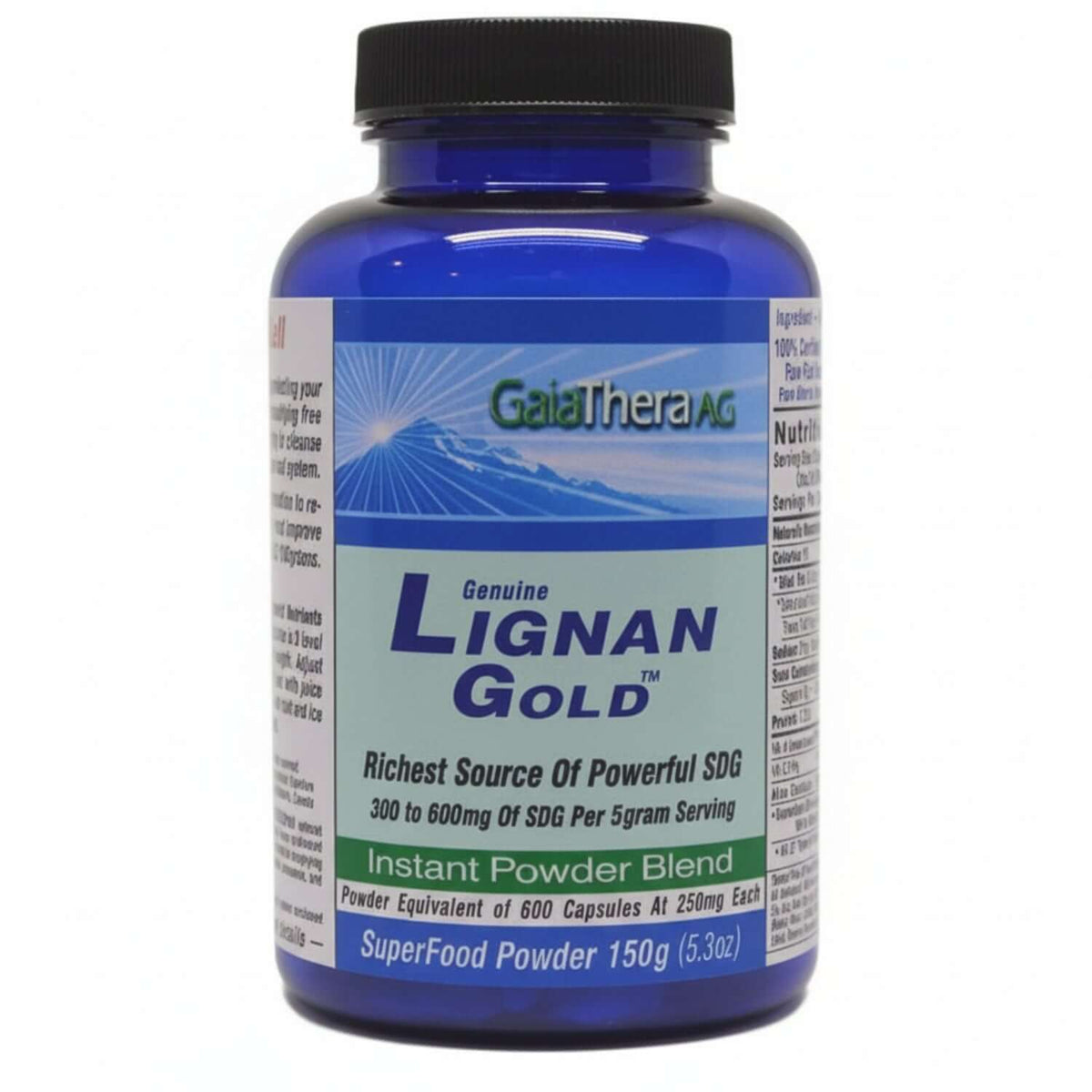 Lignan Gold flax lignan supplement bottle, rich source of powerful SDG, instant powder blend for health benefits.