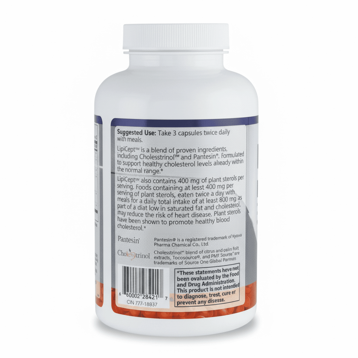 LipiCept - Natural Cholesterol Support supplement bottle with dosage instructions and ingredient details.