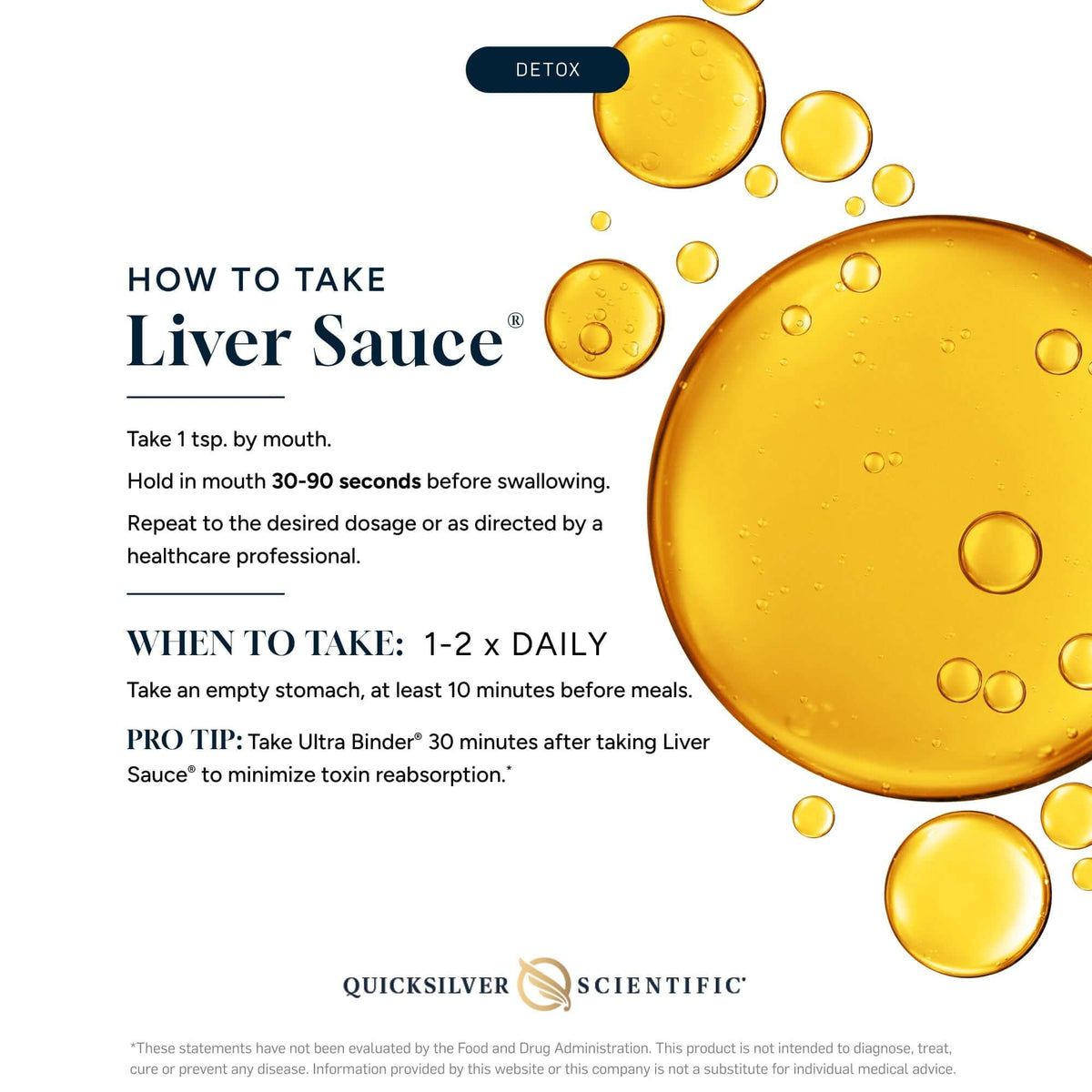 Instructions for taking Liver Sauce, a bioavailable detox supplement for liver health.