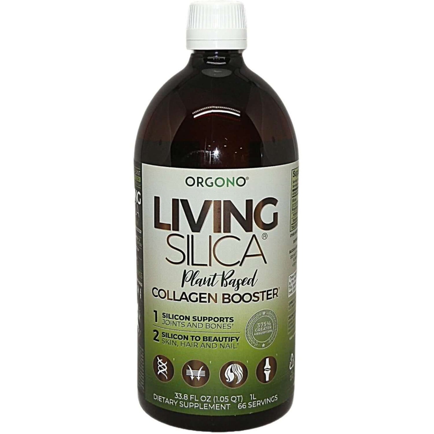 Living Silica Collagen Booster bottle featuring Monomethylsilanetriol for skin, hair, and joint support.