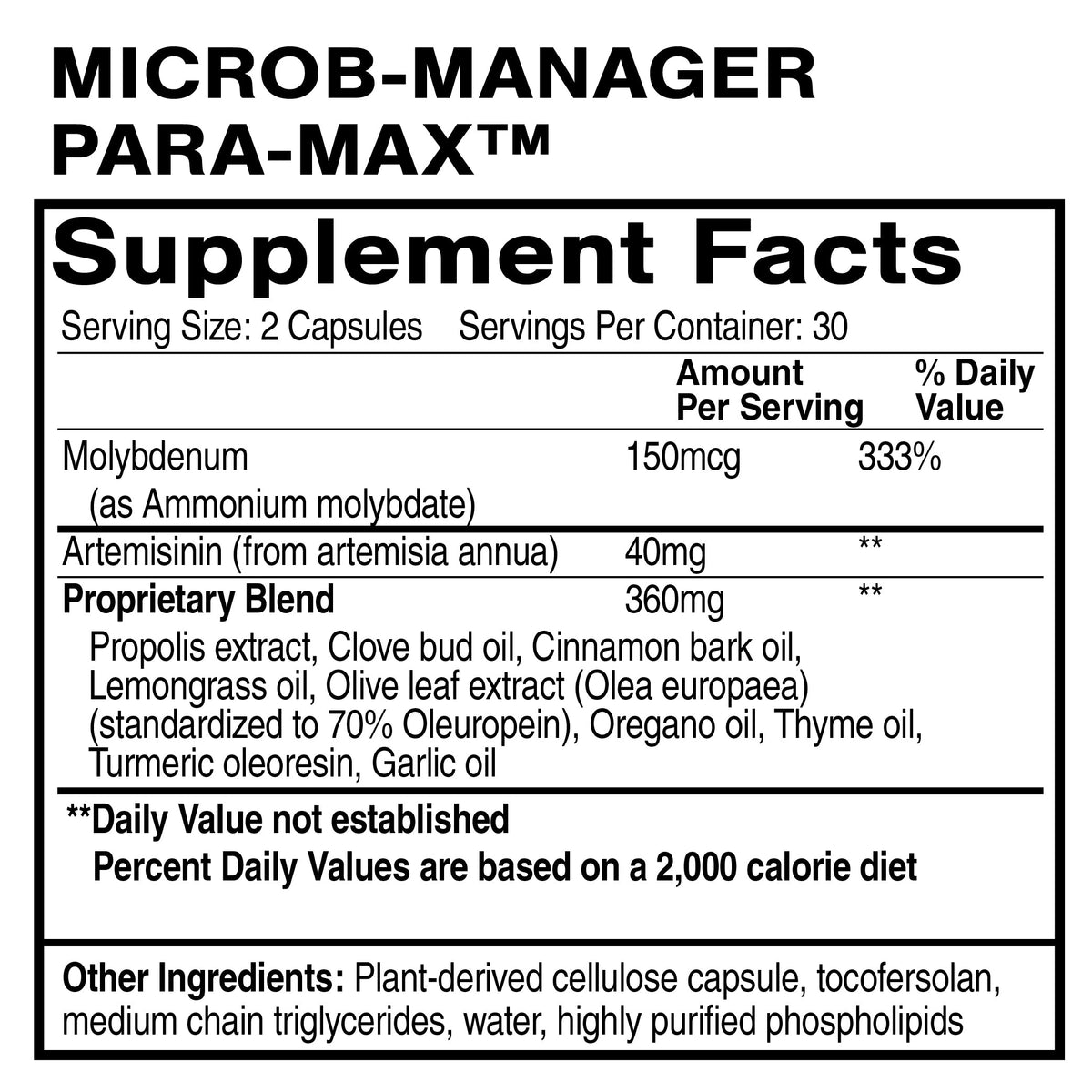 MicrobManager ParaMax Supplement Facts label detailing ingredients for Gut Microbial Balance Support.