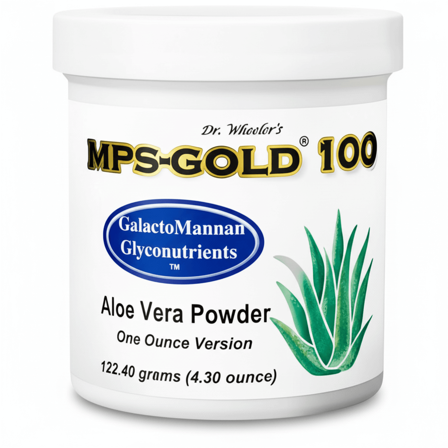 MPS-Gold 100 Mucopolysaccharides Powder container with Aloe Vera, 122.40 grams packaging image.
