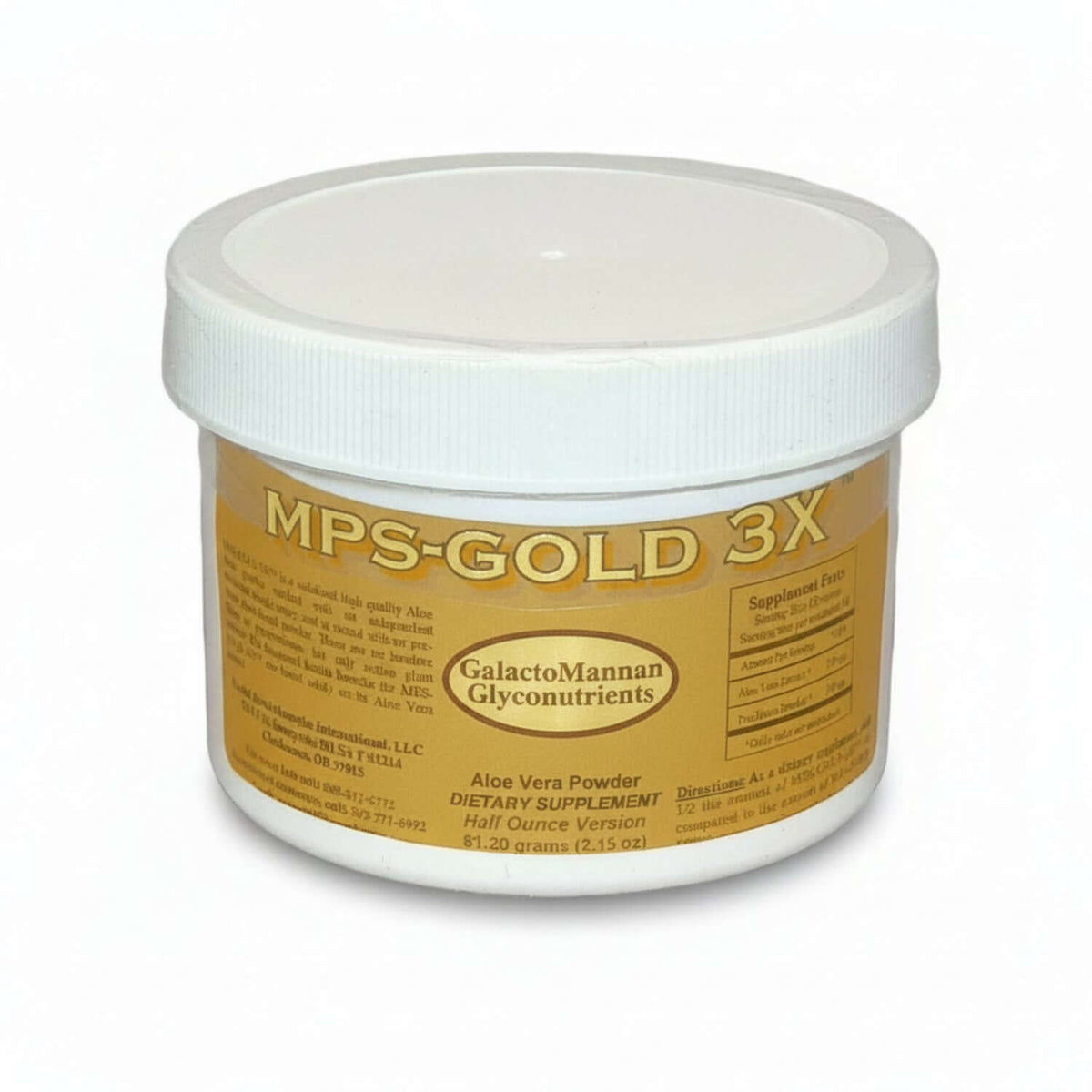 MPS-Gold 3X Mucopolysaccharides Powder container, featuring dietary supplement details and Aloe Vera Powder ingredient.
