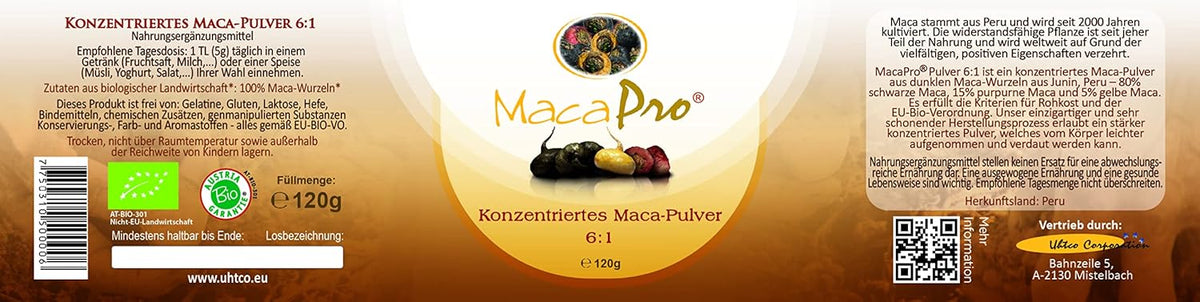 MacaPro for Balanced Energy and Hormonal Support, Maca powder 6:1 packaging label.