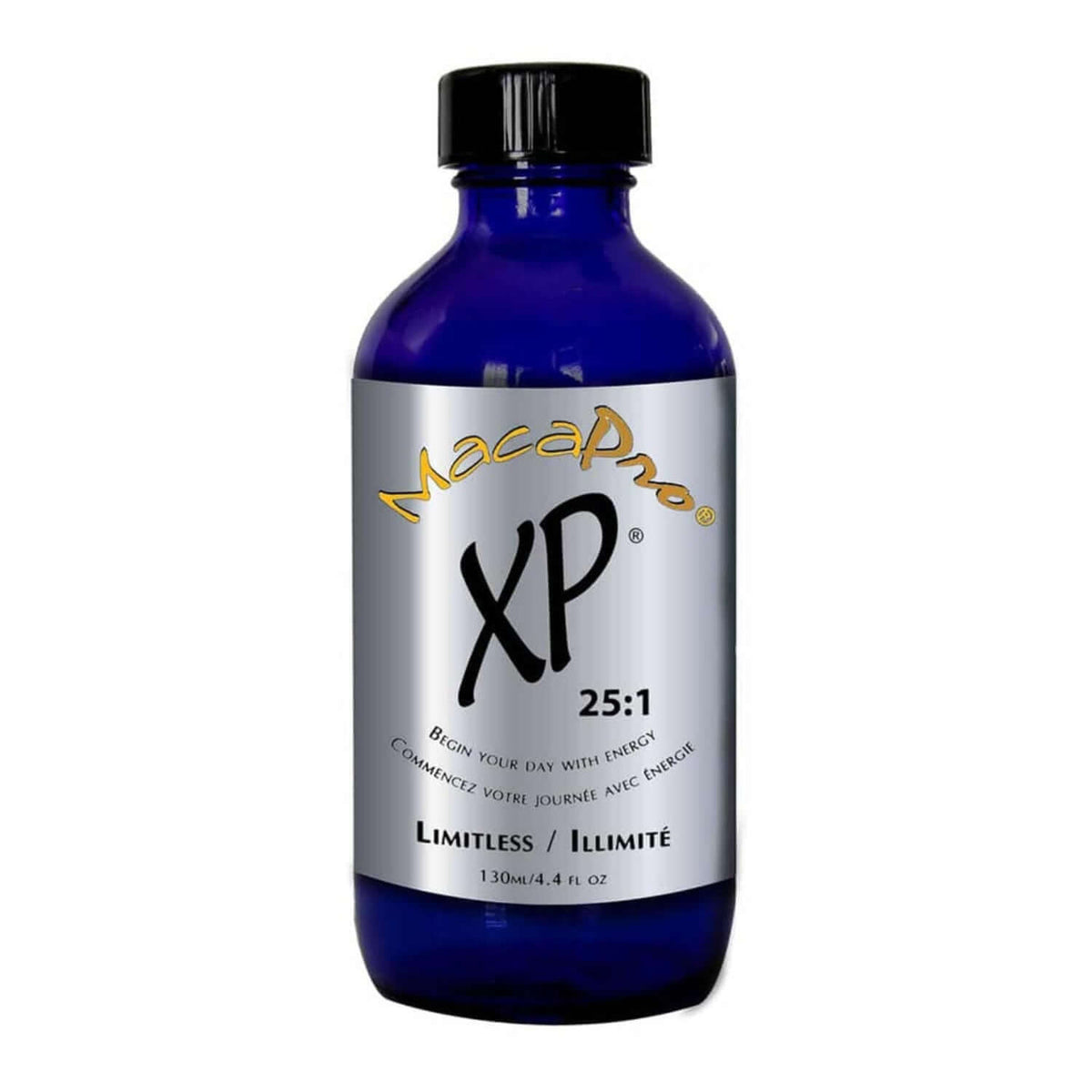 MacaPro XP for Hormonal Balance and Sustained Energy - 130 ml bottle with energizing label.