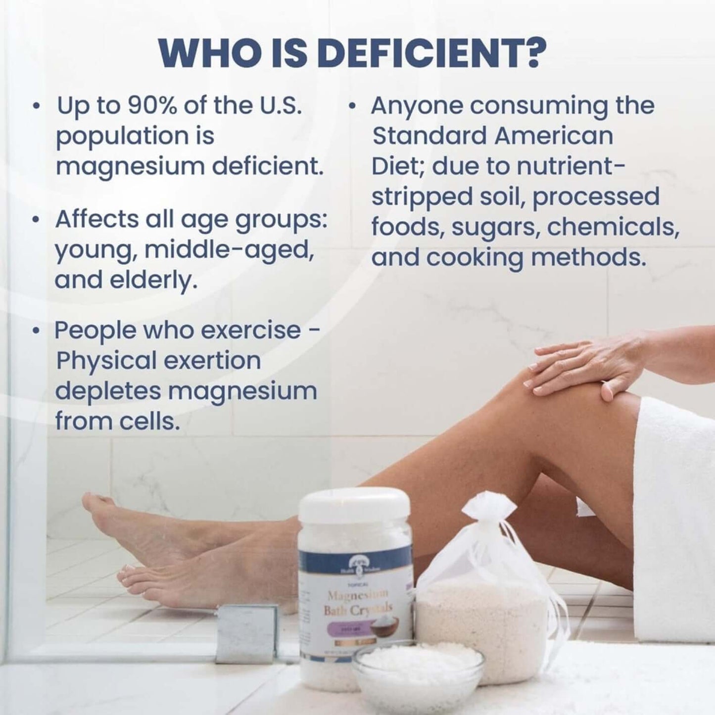 Information about magnesium deficiency with text and a product on a bathroom floor
