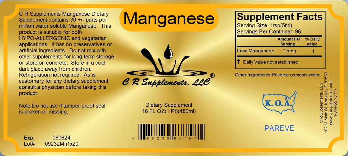 Manganese Ionic Liquid Mineral supplement label featuring supplement facts and usage instructions.