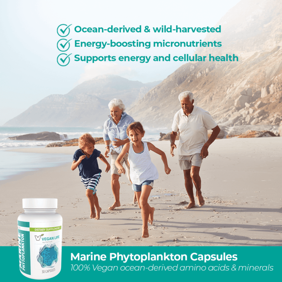Family running on a beach with a bottle of Marine Phytoplankton Capsules in the foreground.