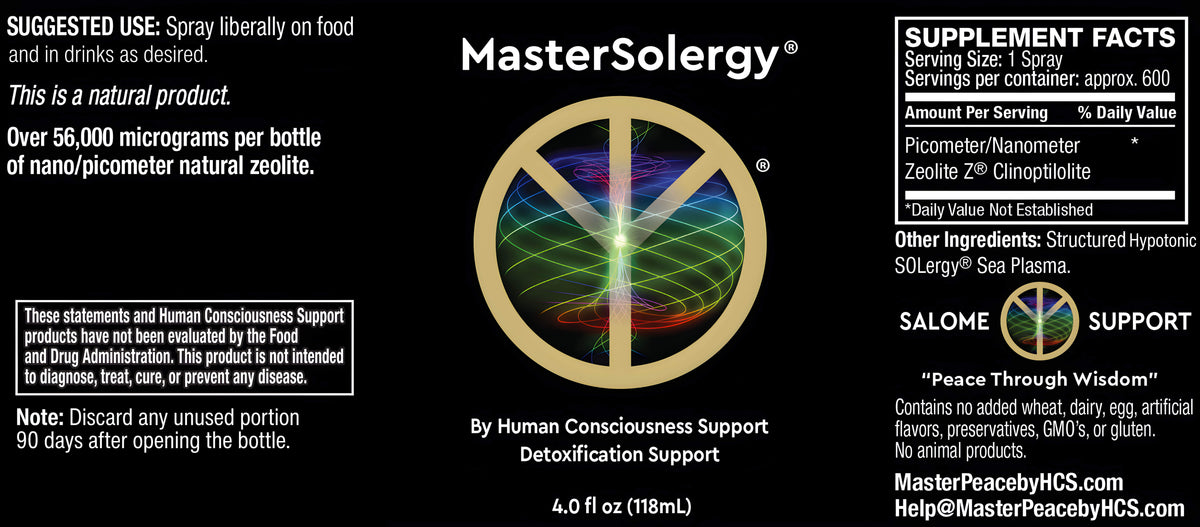 MasterSolergy Zeolite Detox Supplement label details including usage, ingredients, and nutritional information.
