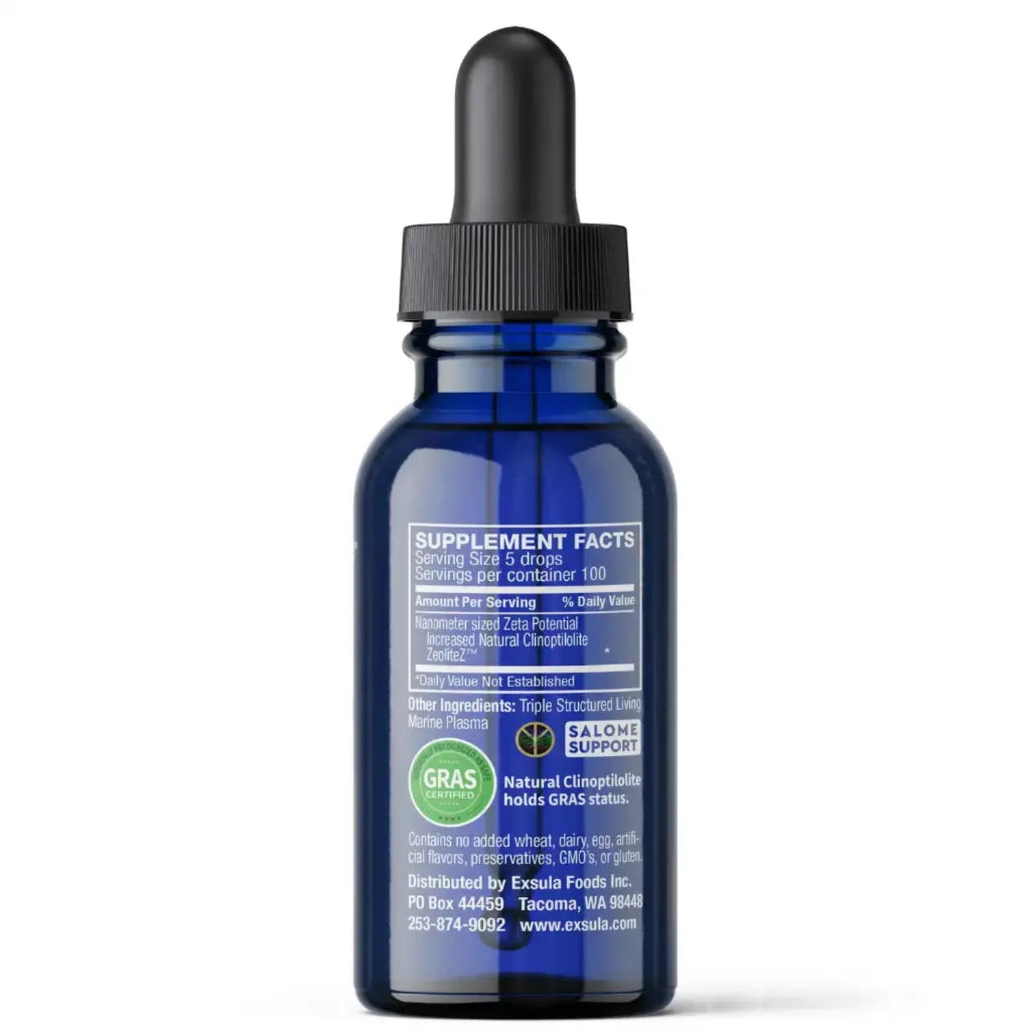 Blue supplement bottle with dropper on a white background