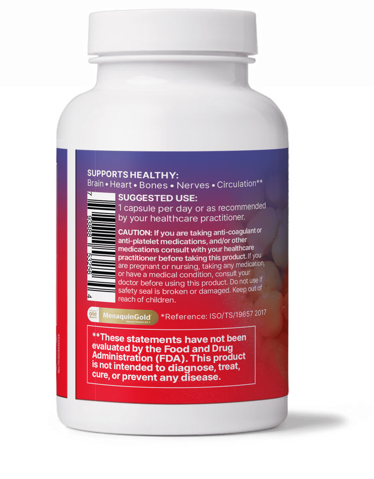 MegaQuinone Full Spectrum Vitamin K1 and K2 Supplement bottle with dosage instructions and health benefits listed.