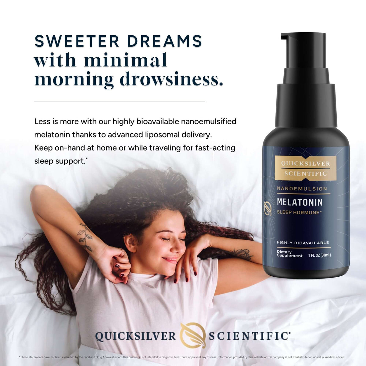 Melatonin - Nanoemulsified Sleep Supplement bottle beside a relaxed woman enjoying restful sleep