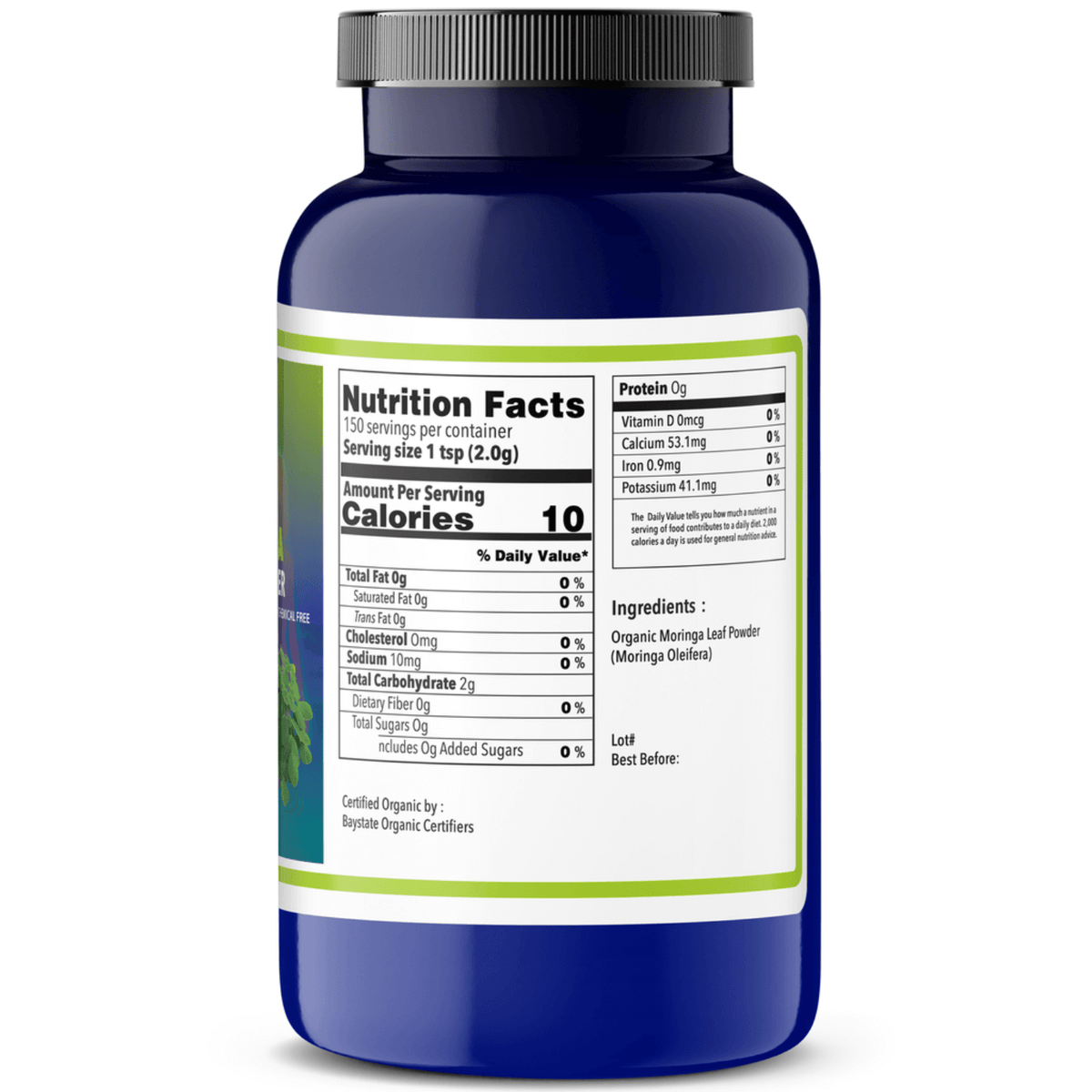 Nutrition facts label on a container of Moringa Leaf Powder, Caffeine Free Natural Energy Booster.